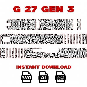 Puede incluir: Un conjunto de archivos digitales etiquetado G 27 GEN 3 con un intrincado patrón de volutas florales y sombreado cruzado en blanco y negro. El diseño incluye múltiples formas recortadas para personalización. Texto: INSTANT DOWNLOAD, SVG, AI, LIGHT BURN.