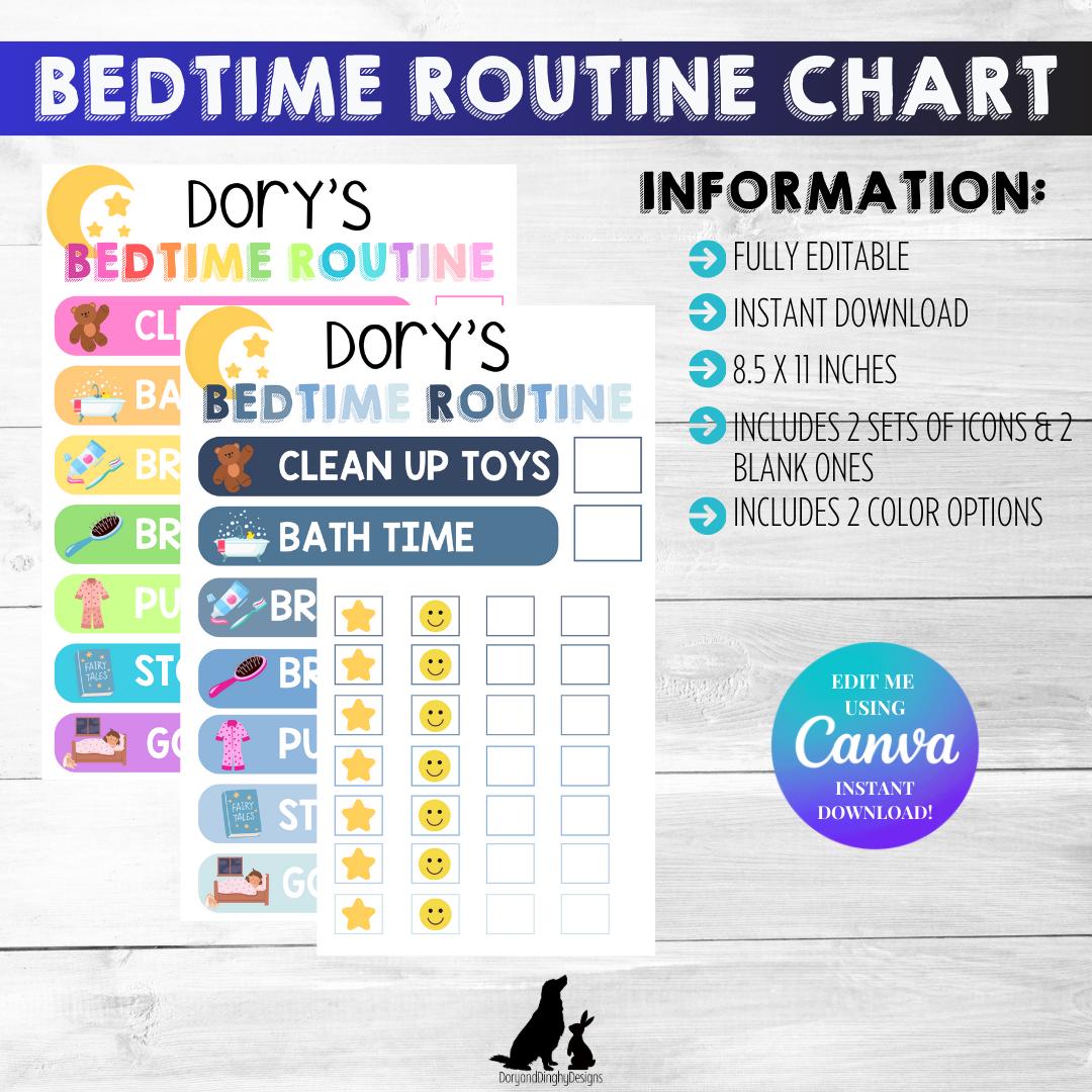 Kid's Bedtime Routine Chart: Editable, Printable, Visual Schedule for ...