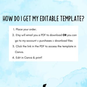 Op de afbeelding: Een lichtblauwe aquarelachtergrond met de zwarte tekst HOW DO I GET MY EDITABLE TEMPLATE? gevolgd door vier genummerde stappen voor toegang tot een Canva-sjabloon. Onderaan een zwart silhouet van een hond en konijn met DoryandDinghyDesigns.