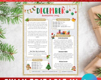 May include: A December newsletter with a festive design. The header reads "December Newsletter 2025" in red and green. The newsletter includes event dates, reminders, and upcoming events like cookie decorating and a winter concert.