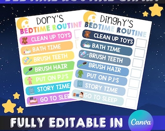 Op de afbeelding: Twee printbare bedtijdroutinekaarten getiteld Dory's Bedtime Routine en Dinghy's Bedtime Routine. Elke kaart bevat taken zoals speelgoed opruimen, badtijd, tanden poetsen, haar borstelen, pyjama aan, verhaaltje voorlezen en gaan slapen met iconen.