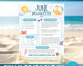 Plantilla de boletín informativo preescolar de junio / Boletín informativo editable en Canva / Boletín informativo mensual para guardería / Plantilla para maestros / Tema playero