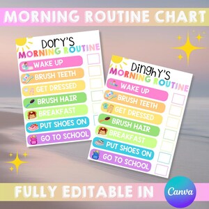 May include: Two colorful morning routine charts with the text "Morning Routine Chart" at the top. Each chart has a name, a list of tasks like "Wake Up" and "Brush Teeth", and a check box. The text "Fully Editable in Canva" is at the bottom.
