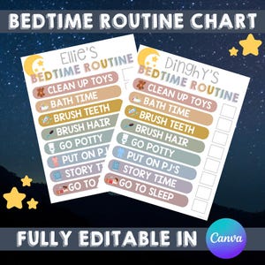 May include: Two bedtime routine charts with a starry night background. Each chart has a moon and star graphic at the top, with a list of tasks like "Clean Up Toys" and "Go to Sleep". The text "Fully Editable in Canva" is at the bottom.