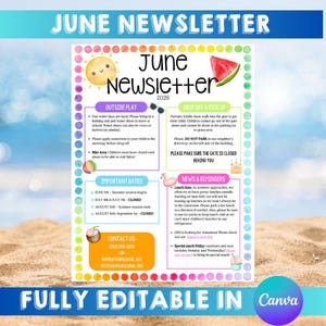 Juni bearbeitbare Vorlage: PTO, PTA, Newsletter, Flyer, Schulhandout, Sommer