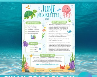 Modello di newsletter per la scuola materna di giugno / Newsletter modificabile con Canva / Newsletter mensile per l'asilo nido / Modello per insegnanti / Tema oceano