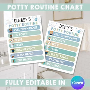 May include: Two personalized potty routine charts titled Dudley's Potty Routine and Dory's Potty Routine. Each chart features a list of steps including pull down pants, go potty, wipe, flush, pull up pants, wash hands, and dry hands with icons.