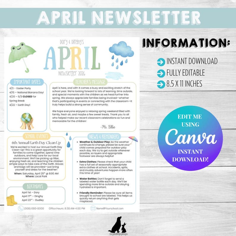 April Preschool Newsletter Template | Editable Canva | Daycare ...