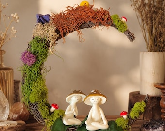 Handmade Whimsical Moon Wreath, Ghost Fairy Garden Wall Decor, Cottagecore Witchy Accent