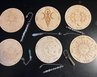 Handmade Wooden Pendulum Board Set with Crystal Pendulum, 4 Inch Divination Tool