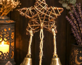 Handmade Grapevine Pentagram Witch Bells, Rustic Wall Hanging, Protective Door Charm