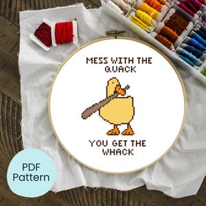 Funny Snarky Duck with Bat Cross Stitch Pattern – &quot;Mess with the Quack, You Get the Whack&quot; – PDF Download