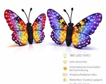 Applique solaire papillon 180 LED multicolores, lampe de jardin décorative extérieure