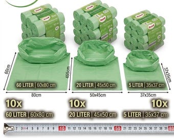 10 bolsas de basura compostables y biodegradables de 5L, 20L y 60L.