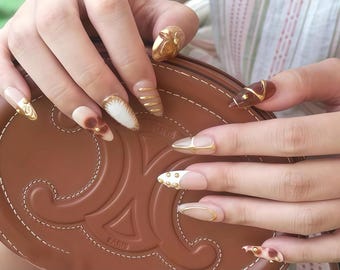 Gold Accent Press On Nails: Brown Almond Boho Glam Nail Set