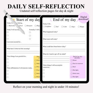 Peut inclure: Un journal de réflexion quotidien imprimable avec des sections pour le début et la fin de la journée. Le journal comprend des invites pour la gratitude, les affirmations et les choses à améliorer. Le journal est conçu pour la réflexion de jour comme de nuit.