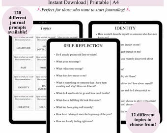 May include: A digital printable journal prompt sheet with 12 different topics to choose from, including self-reflection, identity, gratitude, and creativity. The sheet is designed for those who want to start journaling.