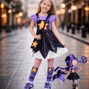 以下が含まれることがあります： 紫色のトップスと星柄の黒いドレスを着た少女。ピンクのレギンス、星のアクセントが付いた紫色のストライプの靴下、紫色のスニーカーも履いています。お揃いの服を着た人形が彼女の隣にいます。