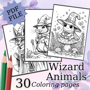 Printable Wizard Animal Coloring Book PDF – 30 Magical Pages – Cute Fantasy Creatures for Kids & Adults – Instant Download