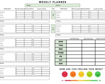 Planificador semanal para la diabetes / Registro imprimible de azúcar en sangre y comidas / Diario de salud