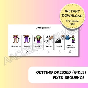 Peut inclure: Une aide visuelle imprimable pour s'habiller, présentant six étapes illustrées : sous-vêtements, pantalon, chemise, chaussettes, chaussures et veste. Les étapes sont numérotées de 1 à 6. Le titre est "S'habiller (Filles) Séquence fixe".