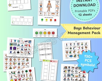 May include: A printable pack of 12 sheets with 130+ symbols for boys' behavior management. The pack includes charts for tracking behavior, a reward chart, and a body map for identifying where it hurts. The text "Instant Download" and "Boys Behaviour Management Pack" is visible on the image.