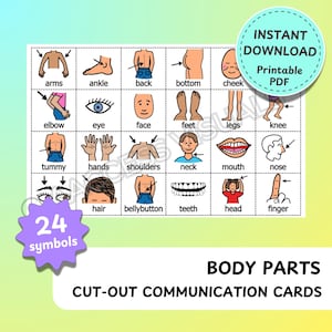 Op de afbeelding: Een set van 24 printbare communicatiekaarten voor lichaamsdelen. Elke kaart heeft een kleurrijke illustratie van een lichaamsdeel, zoals armen, benen, ogen en tanden, met het bijbehorende woord eronder. De kaarten zijn ontworpen voor gebruik in educatieve omgevingen om kinderen te helpen leren over het menselijk lichaam.