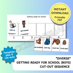 May include: A printable getting ready for school sequence for boys. The sequence includes six steps: wake up, get dressed, eat breakfast, pack bag, brush hair, and brush teeth. Each step is illustrated with a cartoon image of a boy performing the action. The images are black and white with red accents. The printable is labeled "*DIVERSE* Getting Ready for School (Boys) Cut-Out Sequence".