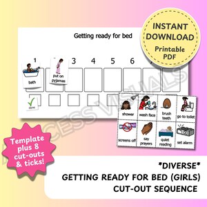 Diverse Girls Getting Ready for Bed sequence - AAC symbols Boardmaker Picture Communication Digital Download Autism Non Verbal PCS Printable