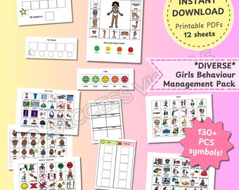 May include: A printable pack of 12 sheets with 130+ symbols for managing girls' behavior. The pack includes a variety of charts and visual aids, such as a reward chart, a feelings chart, and a body map for identifying pain.