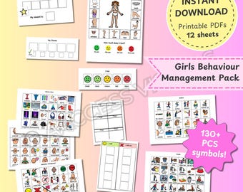 May include: A printable pack of 12 sheets with 130+ symbols for girls' behavior management. The pack includes charts for tracking rewards, emotions, and actions. The text "Girls Behaviour Management Pack" and "130+ PCS symbols!" is visible on the image.
