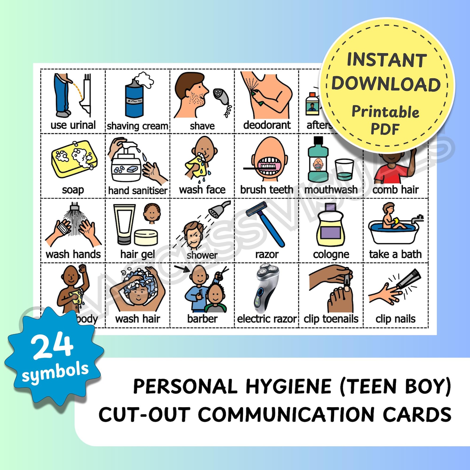 Personal Hygiene (teen Boy) - 24 Cut-out PCS Symbols AAC Boardmaker ...