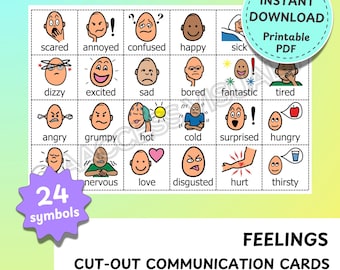 Feelings - 24 cut-out PCS symbols - AAC Boardmaker Digital Download Picture Communication Autism ASD Non Verbal Speech Therapy Printable