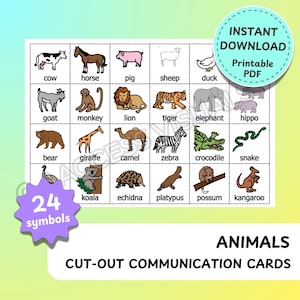 Könnte beinhalten: Ein Satz von 24 druckbaren Tier-Kommunikationskarten. Jede Karte zeigt eine farbenfrohe Illustration eines Tieres, wie z. B. eine Kuh, ein Pferd, ein Schwein, ein Schaf, eine Ente, eine Ziege, ein Affe, ein Löwe, ein Tiger, ein Elefant, ein Flusspferd, ein Bär, eine Giraffe, ein Kamel, ein Zebra, ein Krokodil, eine Schlange, ein Koala, ein Ameisenbär, ein Schnabeltier, ein Opossum und ein Känguru. Die Karten sind so konzipiert, dass sie ausgeschnitten und für die Kommunikation und das Lernen verwendet werden können.