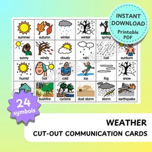 May include: A set of 24 weather-themed communication cards. Each card features a colourful illustration and a word describing a weather condition, such as summer, autumn, winter, spring, sunny, windy, cloudy, rain, hail, sunburn, humid, hot, cold, ice, fog, snow, bushfire, cyclone, dust storm, storm, and earthquake.
