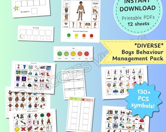 May include: A printable pack of 12 sheets with 130+ symbols for boys' behavior management. The pack includes a reward chart, a feelings chart, a body map for identifying where it hurts, and a variety of other charts and symbols.