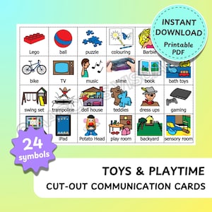May include: A printable PDF featuring 24 toy and playtime symbols, including Lego, a ball, a puzzle, and a Barbie doll. The image includes the text "Instant Download Printable PDF" and "Toys & Playtime Cut-Out Communication Cards."