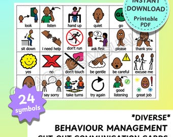 May include: A set of 24 printable behavior management communication cards featuring diverse characters. The cards include phrases like "look", "listen", "hand up", "quiet", "go", "sit down", "I need help", "don't run", "ask first", "please", "thank you", "yes", "no", "don't touch", "be gentle", "be careful", "excuse me", "say sorry", "take turns", "try again", "good listening", and "great job".