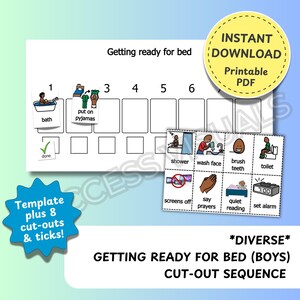 Diverse Boys Getting Ready for Bed sequence - AAC symbols Boardmaker Picture Communication Digital Download Autism Non Verbal PCS Printable