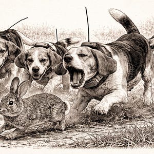 May include: An illustration of five beagles chasing a rabbit. The dogs are wearing collars and running through grass. The rabbit is in the foreground, with the dogs in pursuit. The image is in black and white.