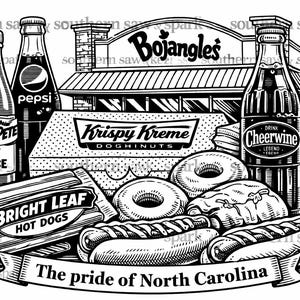 May include: Black and white illustration featuring North Carolina food items. Includes a Bojangles restaurant, Krispy Kreme doughnuts, hot dogs, Cheerwine, Texas Pete hot sauce, Pepsi, and t. Olive pickles. The banner reads "The pride of North Carolina."