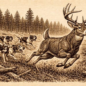 May include: Sepia-toned illustration of a deer with large antlers leaping through a grassy area, pursued by four hounds. A forest of tall pine trees forms the background, with fallen logs in the foreground.