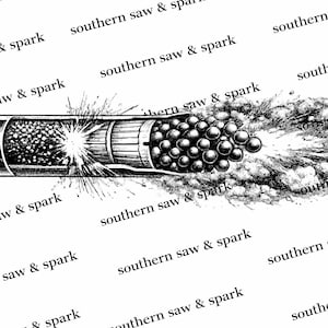 May include: A detailed black and white illustration of a shotgun shell exploding. The shell is cylindrical with a metal base, filled with pellets and gunpowder, and surrounded by a cloud of smoke and sparks. The text "southern saw & spark" is repeated across the image.