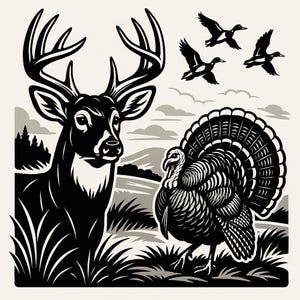 May include: Black and white illustration of wildlife, featuring a deer with large antlers, a turkey with fanned tail feathers, and three flying ducks. The scene is set in a field with grass and a cloudy sky.