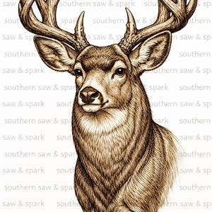 May include: Detailed sepia-toned illustration of a deer's head with large antlers. The artwork features intricate linework, capturing the deer's fur and facial features. The image has a vintage, rustic aesthetic.