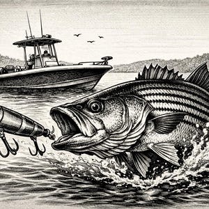 Könnte beinhalten: Schwarz-Weiß-Illustration eines gestreiften Fisches, der aus dem Wasser springt, um einen Angelköder zu fangen. Im Hintergrund ein Fischerboot, mit Bäumen und einem bewölkten Himmel.
