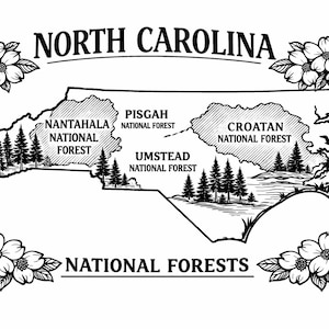 May include: Black and white illustration of the North Carolina map, highlighting the National Forests. The text "NORTH CAROLINA" arches across the top, with "NATIONAL FORESTS" at the bottom. Dogwood flowers frame the map.