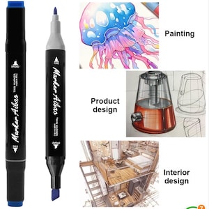 May include: Two black twin markers with blue caps, labelled Marker Aibao, featuring a broad tip and a fine tip. The image displays three examples of artwork created with these markers: a colourful jellyfish painting, a product design sketch, and an interior design drawing.