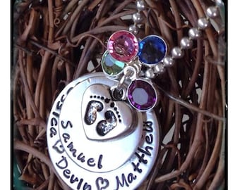 Personalized Jewelry - Hand Stamped Necklace - Baby Footprint Necklace -Swarovski Birthstones