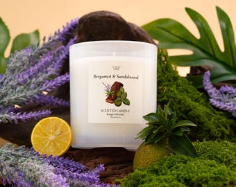 Può includere: Un barattolo di candela bianco con un'etichetta bianca che dice "Coco & Tani" e "Bergamot & Sandalwood Scented Candle Bougie Parfumée 200g (7.0 oz)". La candela è circondata da lavanda, muschio e una piccola pianta in vaso.